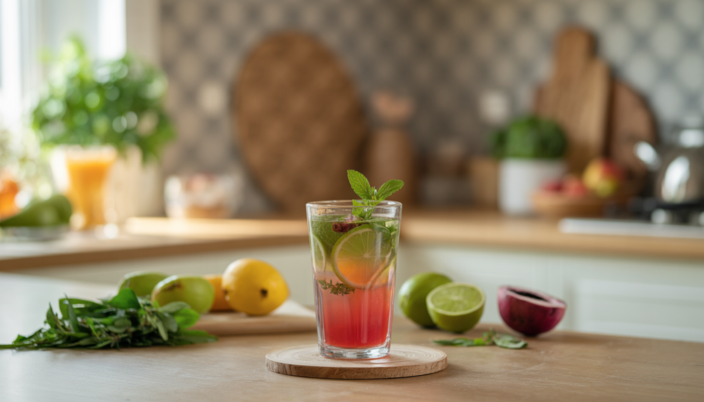 In a tranquil kitchen bathed in soft, earthy tones and natural light, a glass filled with a vibrant, healthful drink takes center stage, subtly surrounded by fresh fruits and herbs, creating an inviting atmosphere that suggests wellness and vitality.